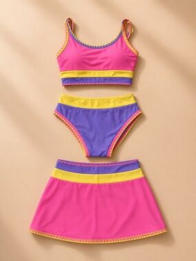 Popvil Colorblock Athletic Swim Set Skirt Bikini Top Bottoms Pink Yellow Purple